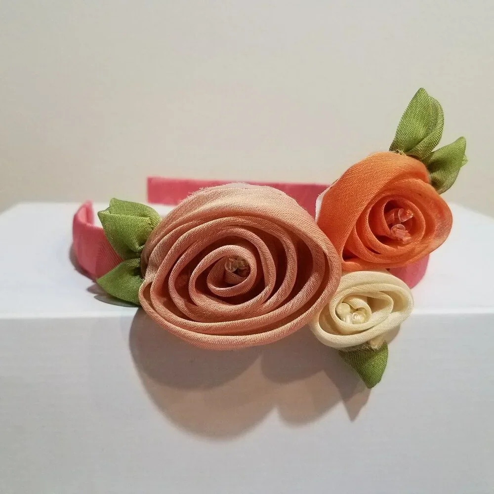 NEW Stunning‎ Handmade Girls Headband Coral Peach Ivory Silk Flowers